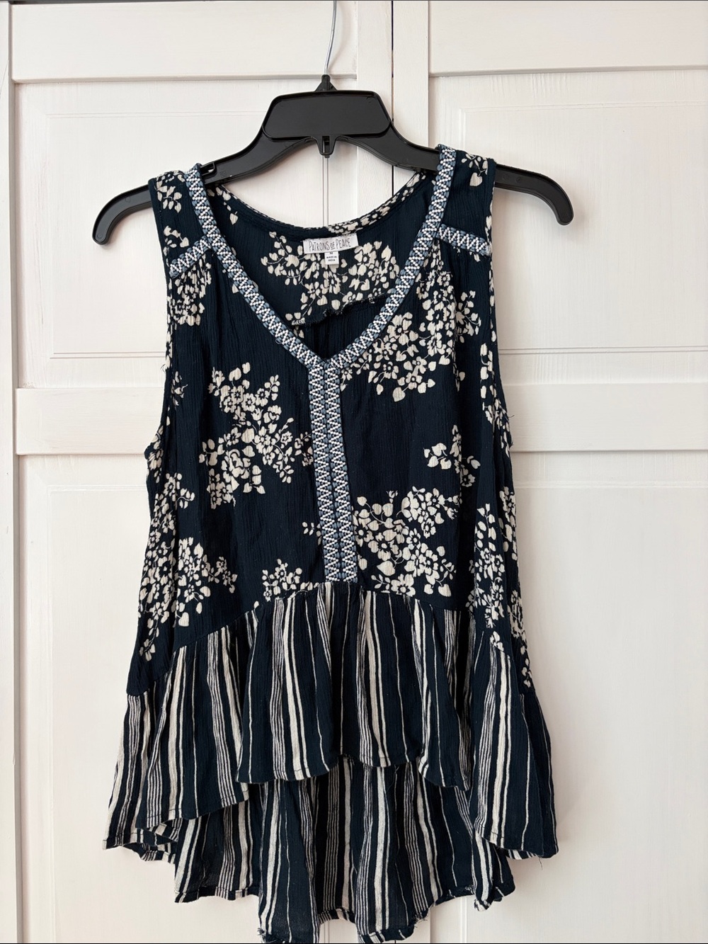 Patrons of Peace Navy and White Floral & Striped Ruffle Tank